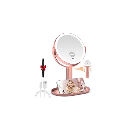 MIYADIVA Matte Rose Gold Travel Makeup Mirror with Lights, 1X/30X Double-Sided Magnification, Adjustable Brightness & Phone Holder