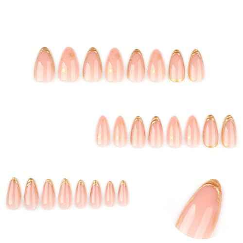 Press on Nails Almond Fake Nails with Gold Line Design Glue on Nails Acrylic Nails Glossy Full Cover Stick on Nails for Women 24Pcs