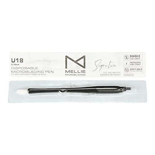 Mellie's Signature Microblading Eyebrow Pen (Pack of 10) - Disposable Microblading Pen with Sterilized Blade, Comfortable Rubber Grip and Pigment Sponge for Flawless Bro (U18.18mm, Black)