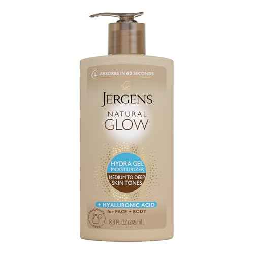 Jergens Natural Glow Hydra Gel Moisturizer, Hyaluronic Acid Tanning Lotion, Hydrating Tanning Gel, Fragrance-Free Self Tanner, Medium to Deep Skin Tones 8.3 Oz