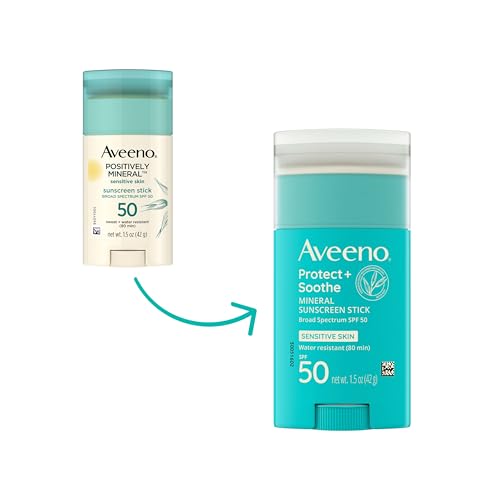 Aveeno Protect + Soothe Mineral Sunscreen Stick for Sensitive Skin, SPF 50, Water-Resistant for 80 minutes, Face & Body Sunscreen with Zinc Oxide & Oat, Fragrance-Free, Travel Size, 1.5 OZ
