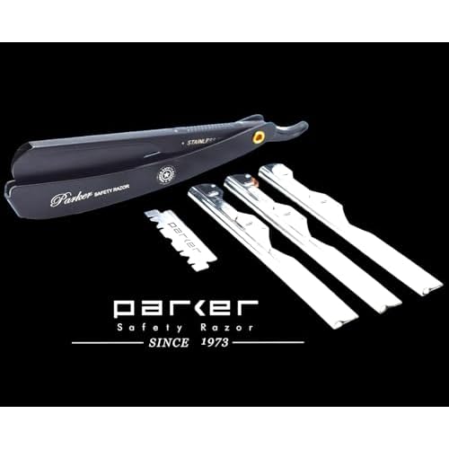 Parker PTABK Adjustable Stainless-Steel Barber Razor | 3 Blade Exposures (Low/Medium/High) | Straight Shavette with 5 Premium Platinum Refills | Black Stainless Steel Handle