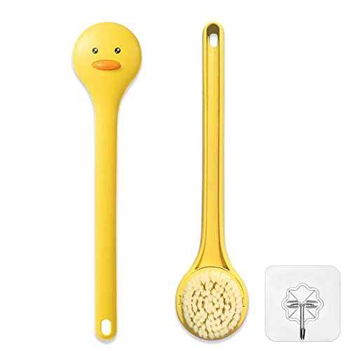 Little Yellow Eagle Bath Brush, Softer bristles, Long Handle, Suitable for Children Aged 3-12, Cleaning Sweat Stains and Beauty Bath, Wet or Dry Brush, Bath Brush (14 inch, Lemon Yellow)
