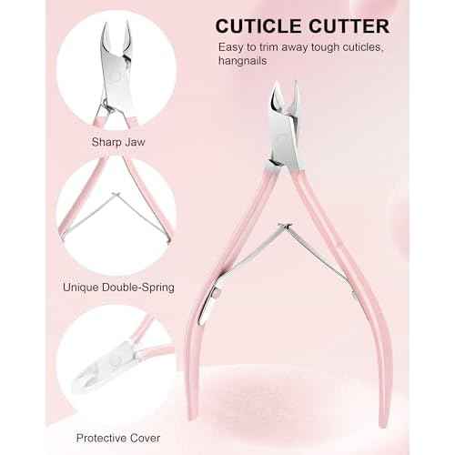Cuticle Trimmer with Cuticle Pusher and Nail Clipper - 4 PCS Cuticle Cutter Nipper Remover Pedicure Manicure Tools, Professional Stainless Steel Dead Skin Clipper for Fingernails Toenails Pink