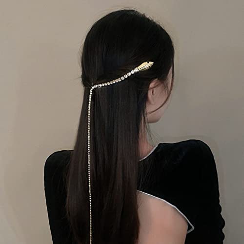 Rhinestone Hair Chains, Shiny Punk Tassel Hair Clips, Snake Shape Sparkle Crystal Adornments Decorative Chain Ponytail Headpieces Nightclub Prom Christmas Party Hair Accessories for Women Lady（2Pack)