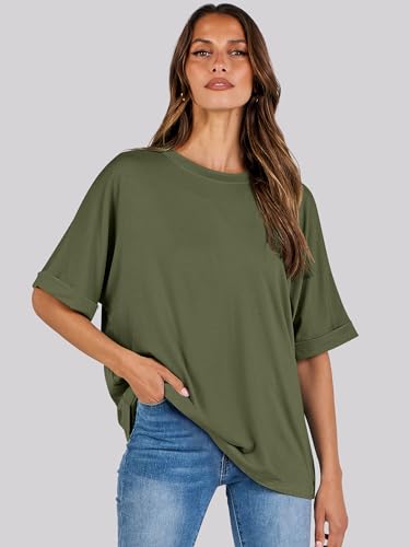 ANRABESS Women's Oversized T Shirts Short Sleeve Crewneck Summer Tops Casual Loose Basic Tee Shirts 2024 Trendy Clothes Olive Green Small