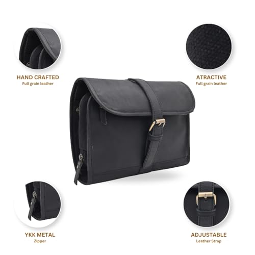 Genuine Buffalo Leather Hanging Toiletry Bag with Waterproof Lining for Men & Women Handcrafted Vintage Distressed Brownn Leather Dopp Kit, Travelling Kit (Black)