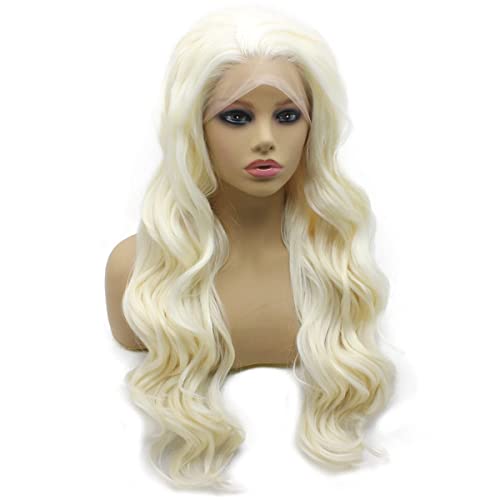 Iewig Long Wavy Lignt Blonde Wig for Women Half Hand Tied Synthetic Lace Front Wig