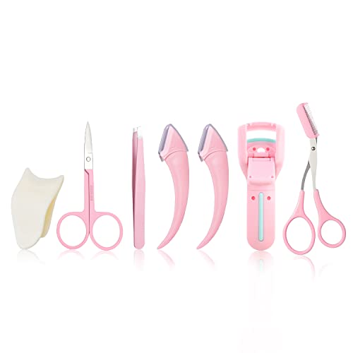 ONEUPIN 7-Piece Professional Eyebrow Grooming Kit with Razor, Tweezer, Eyelash Curler, False Eyelash Tool, Scissors, Comb - Women's Kit (Pink)