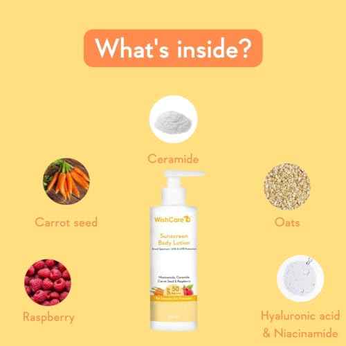 WishCare Sunscreen Body Lotion with SPF 50 PA+++ - Broad Spectrum UVA & UVB Protection, No White Cast, Enriched with Carrot Seed & Raspberry - Body Sunscreen Lotion 200ml
