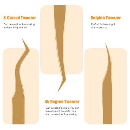 Lash Tweezers for Eyelash Extensions, Professional Eyelash Tweezer Set, Lash Extension Tweezer Kit (Set of 7, Gold)