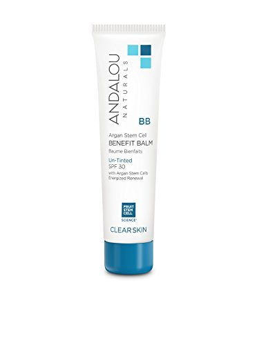 Andalou Naturals CLEAR SKIN Argan Stem Cell BB Benefit Balm, Un-Tinted SPF 30, 2-in-1 BB Cream & Face Sunscreen with Broad Spectrum Protection, Mineral Sunscreen for Oily Skin, 2 Fl Oz