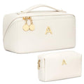 Birthday Gifts for Women Teen Girl, Personalized Initial Makeup Organizer Bag Set, Open Flat Travel Cosmetic Bag With Clear Divider and Handle(Beige,A)