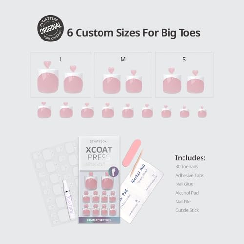 BTArtbox Pink French Tip Press On Toenails - Sharp Square Gel Kit, 30 Count