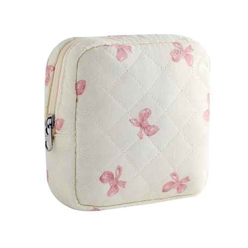 Small Quilted Cosmetic Pouch for Purse, Mini Cotton Makeup Bag with Compartments, Cute Zipper Lipstick Holder for Women (03White Bow)