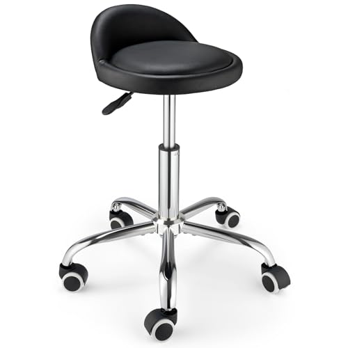 Swivel Rolling Stool with Wheels Height Adjustable Stool Chair Drafting Chair with Backrest Stable Base Foot Black