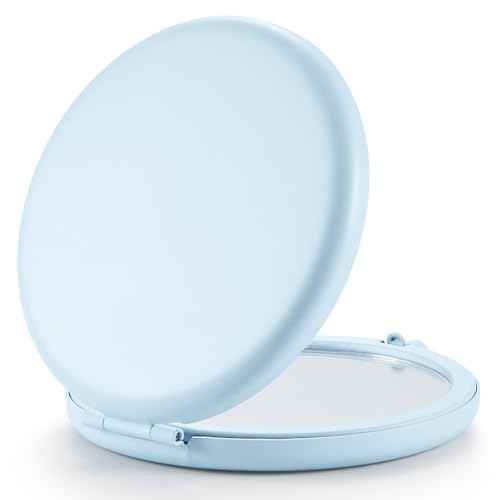 Compact Mirror for Purse, Double-Sided 1X/2X Magnifying Metal Pocket Makeup Mirrors(Round, Light Blue)