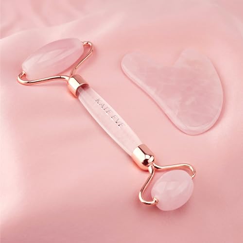 Kate Eve Rose Quartz Roller & Gua Sha Set ? 100% Natural Crystal Facial Massage Tools for All Skin Types | Self-Care Facial Massage Ritual | Anti-Aging, Reduces Puffiness & Firms Skin