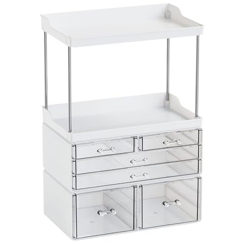 Yieach Bathroom Counter Organizers and Storage,White Acrylic Makeup Organizers with Drawers for Vanity,Bedroom,Plastic Skincare Organizer for Dresser Top Beauty,Cosmetic,Lotion and Perfume Organizer