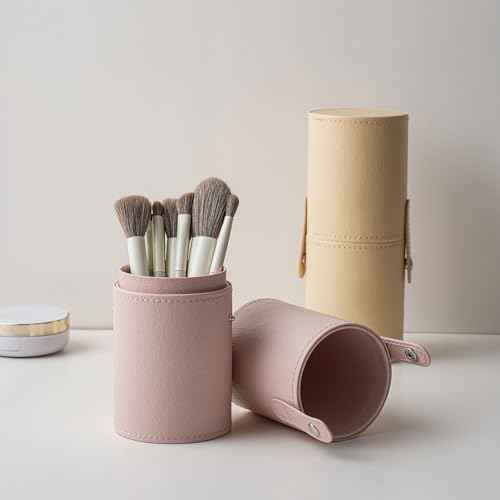 Portable Makeup Brush Holder, Waterproof PU Leather Travel Makeup Brush Case Bag Cup, Brush Storage Dustproof Bag (01Light Pink)