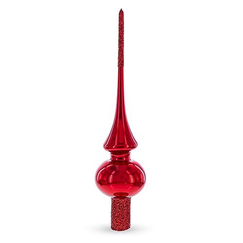 Glossy Red with Sparkling Top Mouth Blown Glass Christmas Tree Topper 11 Inches