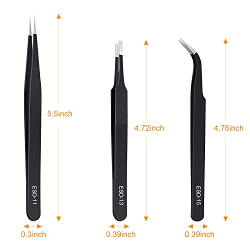 Kaverme 3PCS Precision Tweezers Set - Anti-Static Stainless Steel for Electronics & Crafts