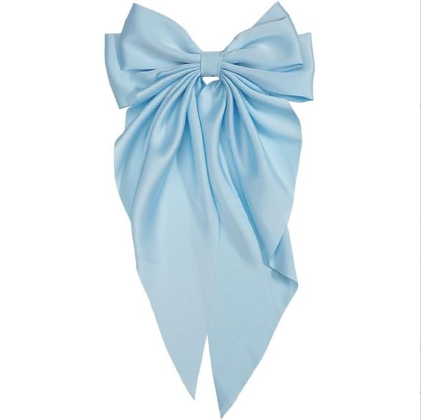 Light Blue Jumbo Silky Satin Bow Clip Hair Barrettes with Long Tails - Large French Metal Bowknot Hairpins for Girls