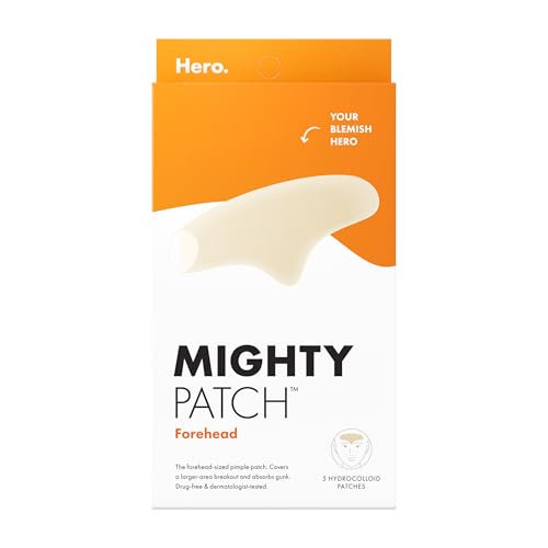Hero Cosmetics Mighty Patch¢â Forehead Patch - Hydrocolloid Acne Pimple Patch, Contoured to Cover Larger Area of Zits and Blemishes - Drug-Free and Suitable for Sensitive Skin (5 Count)