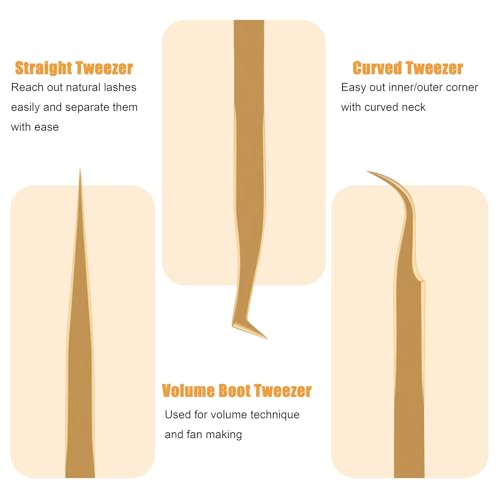 Lash Tweezers for Eyelash Extensions, Professional Eyelash Tweezer Set, Lash Extension Tweezer Kit (Set of 7, Gold)