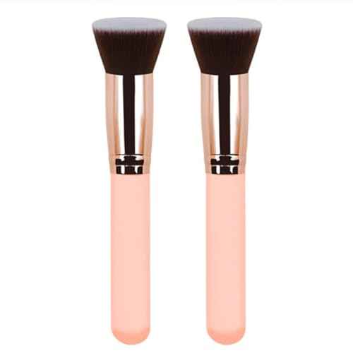 Kabuki Brushes 2pcs Foundation Blush Brush Makeup Brushes for Liquid Cream Powder Professional Cosmetics Blender Brush Face Blending Buffing Brushes Thick Soft Synthetic Fibers Flat Top (Pink)
