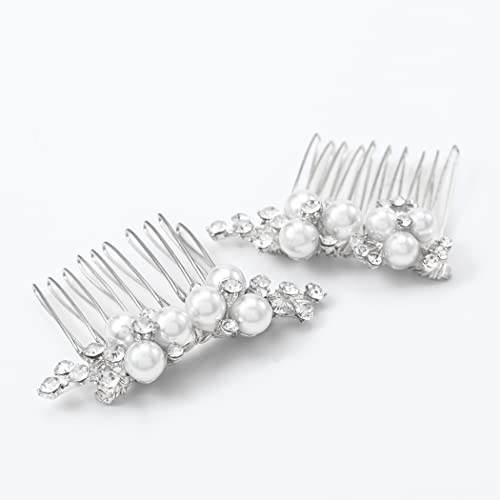 Wedding Pearl Hair Comb Set - Bride Rhinestone Headpiece (2 Pack)