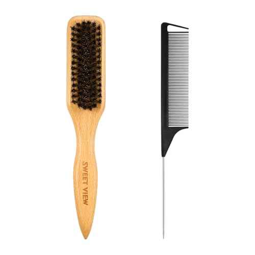 Boar Bristle Slick Back Hair Brush for Smooth Flyaways, Frizz, Sleek Ponytail, Buns and Edge Baby Hair, Teasing | Gel Comb Styling Accessories for Girls, Kids and Women
