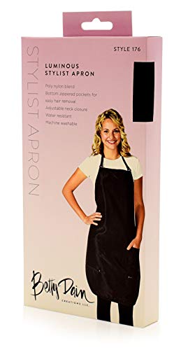 Betty Dain Luminous Salon Stylist Apron, Classic Design, Bottom Zipper Pockets, Adjustable Neck Strap, Lightweight, Water-Resistant Poly Nylon Blend Repels Hair, Easy Care, Black