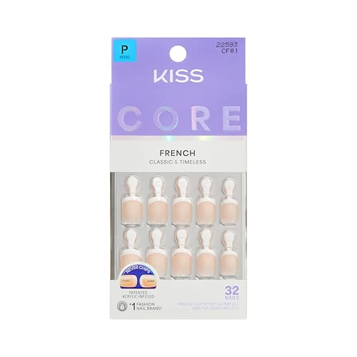 KISS Core French White Squoval Press On Nails Kit, Petite Size, 32 Ct