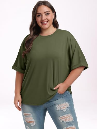 ANRABESS Women's Oversized T Shirts Short Sleeve Crewneck Summer Tops Casual Loose Basic Tee Shirts 2024 Trendy Clothes Olive Green Small