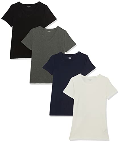 Amazon Essentials Women's Classic-Fit Short-Sleeve Crewneck T-Shirt, Pack of 4, Black/Charcoal Heather/Navy/White, Small