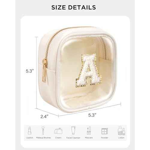 KOTORA Initial Make Up Bag Travel Toiletry Bag, Clear Makeup Bag Preppy Cosmetic Bags Organizer Easter Basket Essentials Pink Gifts for Women Girlfriend Teacher Mom Brithday Small Makeup Bag Beige A