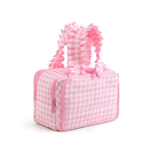 Travel Toiletry Bag for Women - Water-Resistant Gingham Makeup Organizer