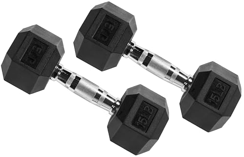 Signature Fitness Rubber Encased Hex Dumbbell, 15LB Pair, Black