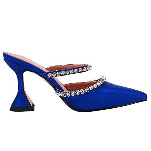 VETASTE Women's Pointed Toe Strappy Heels Crystal Satin Heeled Mules Wedding Party Shoes