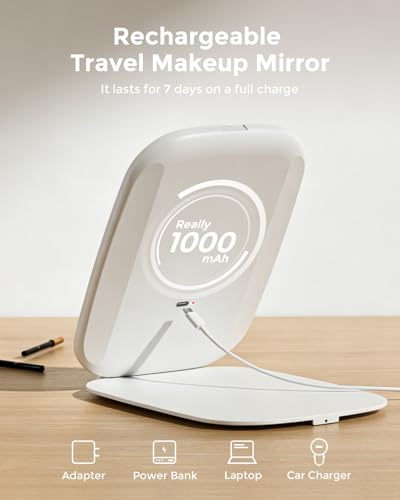 NEZZOE Travel Makeup Mirror with LED Light, Rechargeable Portable, 7x5 Inch