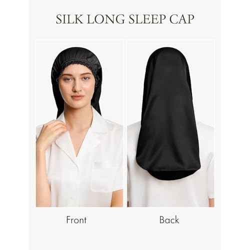 LilySilk Extra Long Silk Bonnet Sleep Cap for Women Soft Adjustable Hair Bonnet for Braids,Curly,Long Hair- Soft Elastic Band, Black