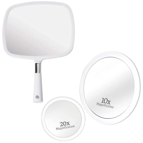 Large Hand Mirror with Comfy Handle - No Distortion White Portable Handheld Mirror (White) & 20X & 10X Magnifying Mirror Set with 3 Suction Cups Each - Compact & Travel Ready Mirror for Makeup Bundle