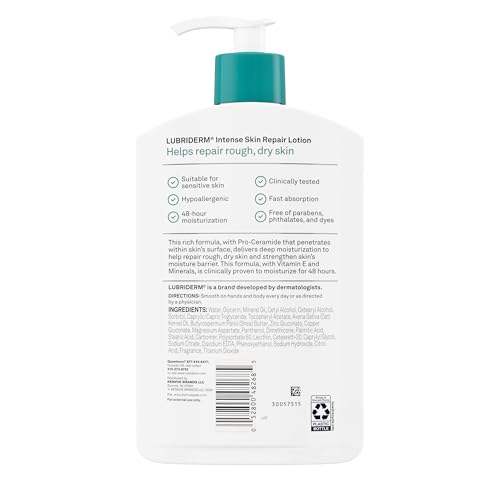 Lubriderm Intense Skin Repair Moisturizing Hand & Body Lotion + Pro-Ceramide, 48-Hour Hydration for Rough, Dry, & Sensitive Skin, Non-Greasy, Hypoallergenic, Lightly Scented, 16 fl. oz