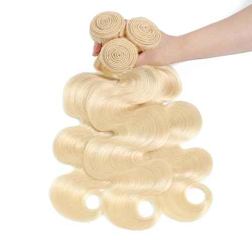 16A 613 Bundles Human Hair Blonde Body Wave 16 18 20 inch, 100% Real Human Hair No Synthetic Blended Sew in Quick Weave Bundles Human Hair Extensions Double Weft, Triple Lifespan 3X, Can Be Dyed