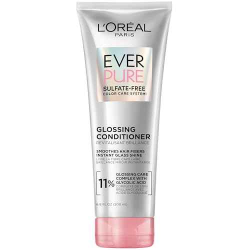 L'Oreal Paris Glossing Sulfate Free Conditioner with Glycolic Acid, Hair Care for Lasting Shine and Smoothness for Dull, Dry Hair, EverPure, 6.8 Fl Oz