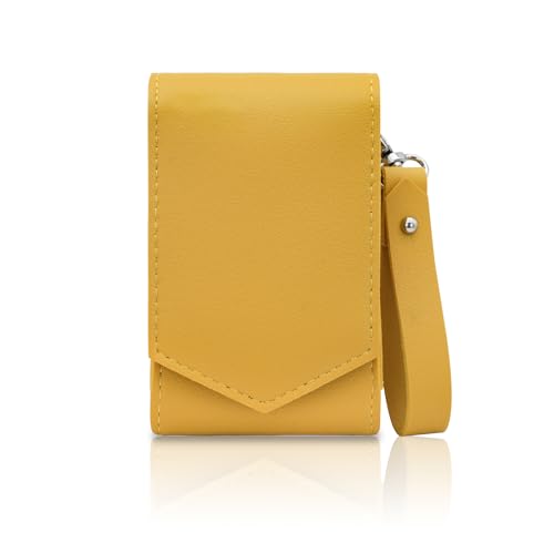 Makeup Case, Leather Lipstick Pouch with Mirror, Wristlet Holder with Removable Keychain, Holds 3 Lipsticks, Magnetic Closure (Yellow)