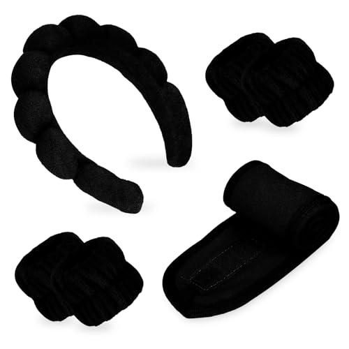 Ondder 6 Pcs Black Spa Headband and Wristband Set Makeup Spa Headband for Washing Face Bubble Headband Skin Care Headbands Face Wash Sponge Puffy Headband Head Bands Headbands for Women Girls