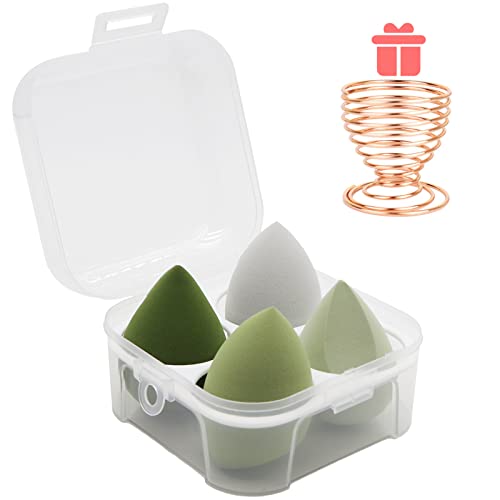 Leeshine Makeup Sponges Set 4 Pcs + Egg Case & Holder - Green, Pack of 5 for Flawless Face Makeup