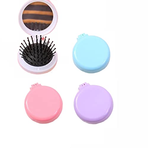 4 Pack Round Folding Travel Hair Brush with Makeup Mirror, Mini Pocket Hair Brush Comb Compact Pop Up Hair Massage Comb for for Purse Pocket Bag